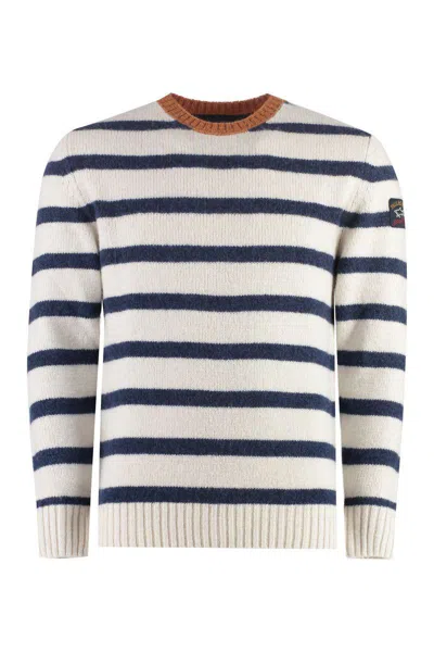 Paul & Shark Striped Crew-neck Wool-blend Sweater With Ribbed Knit In White