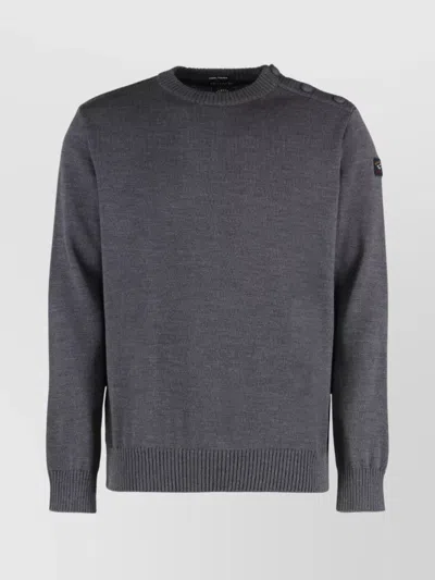 Paul & Shark Ribbed Crew-neck Wool Sweater With Shoulder Buttons In Grey