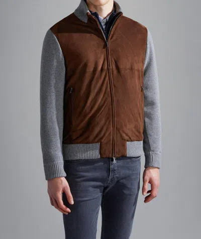 Paul & Shark Riviera Re-wool Full Zip Sweater With Aqualeather Body In Brown/grey In Gold