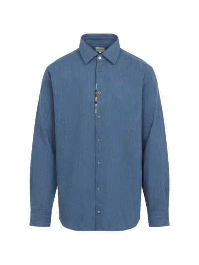 Paul Smith Regular Fit Cotton Chambray Shirt Multicolor Placket In Blue