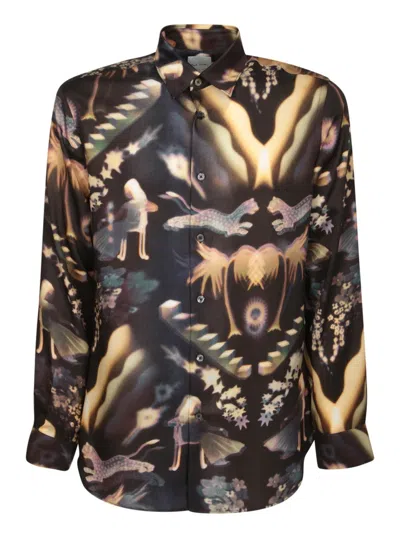 Paul Smith Artistic Print Black Long Sleeve Shirt With Classic Collar In Braun