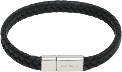 Paul Smith Logo-engraved Braided Leather And Silver-tone Bracelet In Black