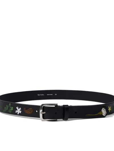 PAUL SMITH BLACK CONTRAST FLORAL EMBROIDERY BELT