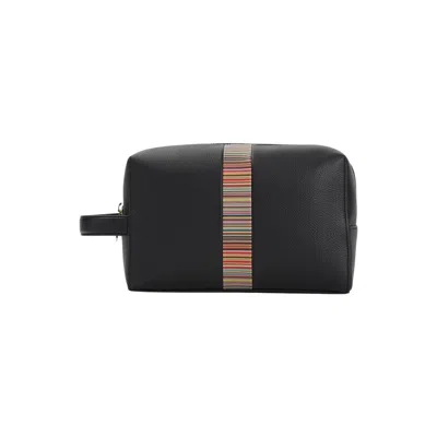 Paul Smith Black Cow Leather Wash Bag With Multicolor Stripes