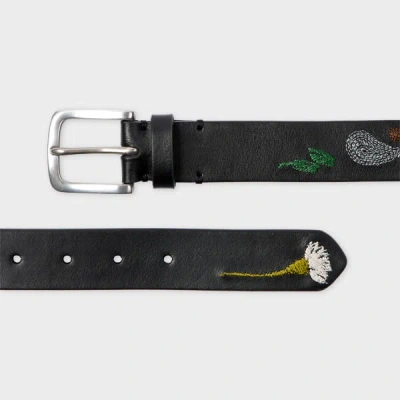 Paul Smith Black Leather 'contrast Floral' Embroidery Belt
