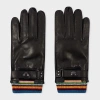 Paul Smith Black Leather 'signature Stripe' Cuff Gloves In Black