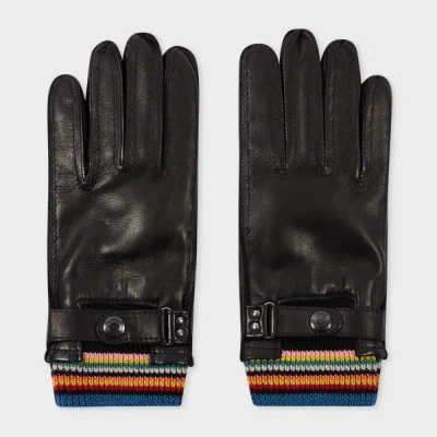 Paul Smith Black Leather 'signature Stripe' Cuff Gloves