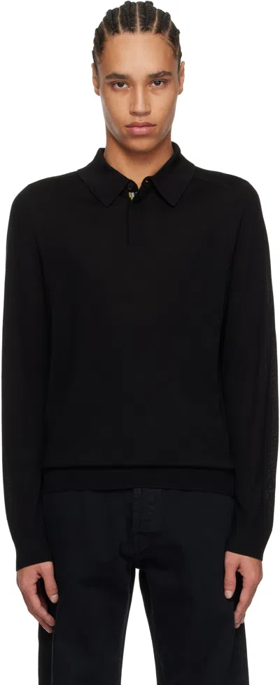 Paul Smith Black Merino Wool Knitted Long Sleeve Polo In Blue