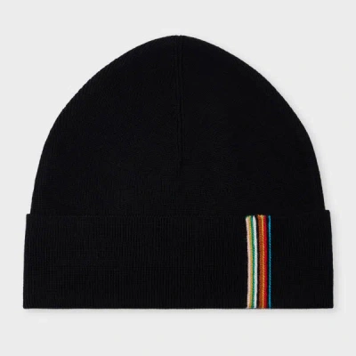 Paul Smith Black Merino Wool 'signature Stripe' Trim Beanie