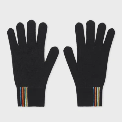 Paul Smith Black Merino Wool 'signature Stripe' Trim Gloves