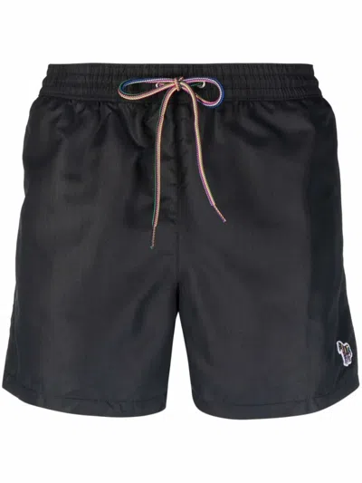 Paul Smith Zebra Motif Swim Shorts With Drawstring Waistband In Black