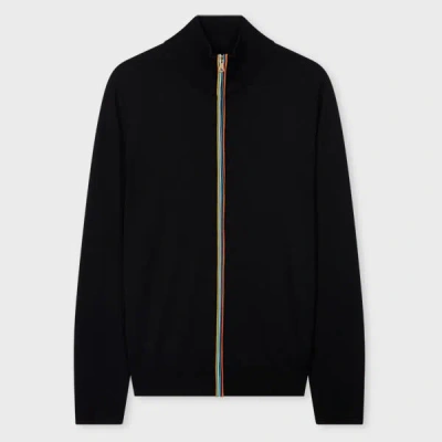 Paul Smith Black Washable Merino Wool 'signature Stripe' Zip Cardigan