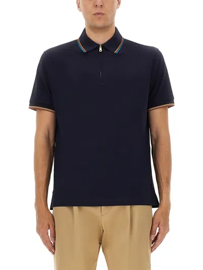 Paul Smith Cotton Polo Shirt With Zipper In Blue