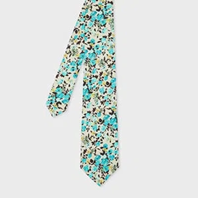 Paul Smith Blue 'roses' Print Cotton Tie White In Multi