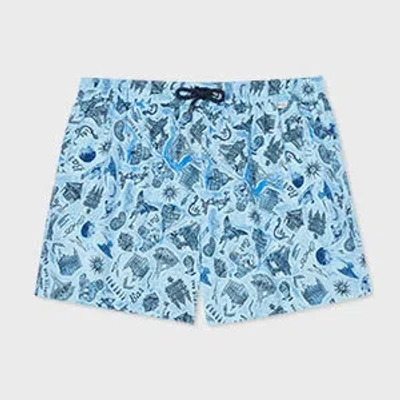 PAUL SMITH BLUE 'SOUVENIR' PRINT SWIM SHORTS
