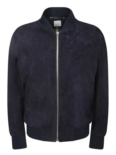 Paul Smith Suede Bomber Jacket With Ribbed Cuffs And Central Zip In Blue