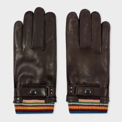 Paul Smith Brown Leather 'signature Stripe' Cuff Gloves