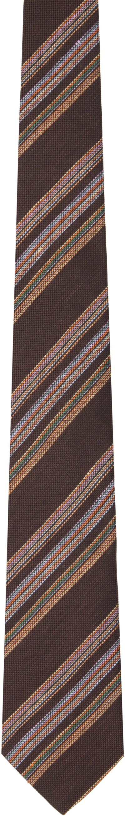 Paul Smith Brown Linen-silk Block Stripe Tie In 68 Brown