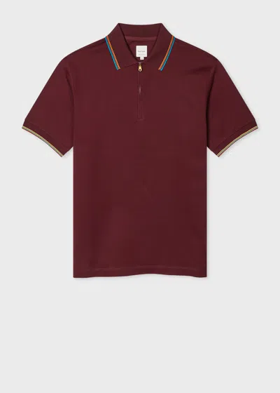 PAUL SMITH BURGUNDY COTTON 'SIGNATURE STRIPE' TRIM ZIP POLO SHIRT RED