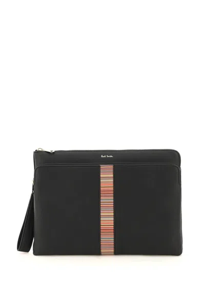 Paul Smith Burgundy Leather Pouch Handbag With Signature Stripe Insert And Gold Logo For Men In Black