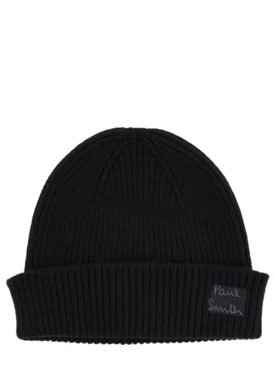 Paul Smith Ribbed Texture Hat Folded Cuff In Black
