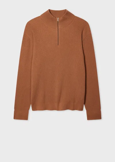 Paul Smith Chestnut Wool-blend Half Zip Ribbed Knitted Sweater Orange In Brown