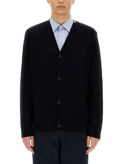 Paul Smith Classic V-neck Merino Wool Cardigan In Blue