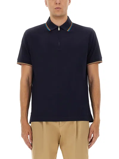 Paul Smith Cotton Polo Shirt With Zipper In Blue