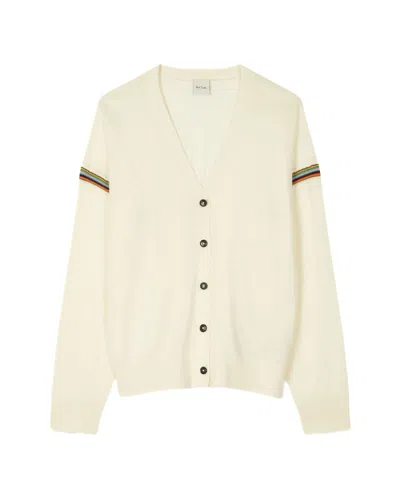 Paul Smith Cream V-neck Cardigan With Signature Stripe Trim
