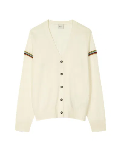 Paul Smith Cream V-neck Cardigan With Signature Stripe Trim