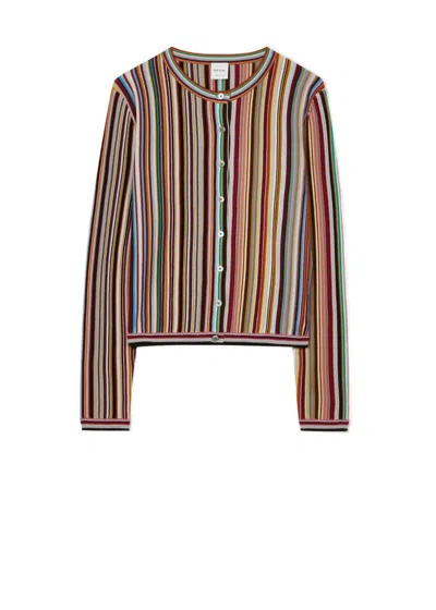 Paul Smith Cropped Round Neck Cardigan With Vertical Stripes In Brown