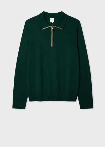 Paul Smith Dark Green 'signature Stripe' Zip Trim Merino Wool Polo Shirt