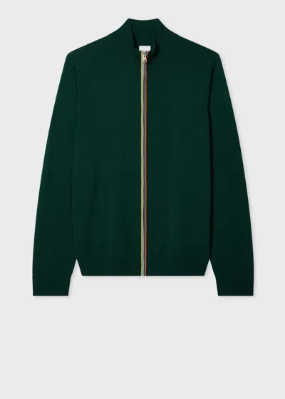Paul Smith Dark Green Washable Merino Wool 'signature Stripe' Zip Cardigan