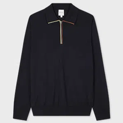Paul Smith Dark Navy 'signature Stripe' Zip Trim Merino Wool Polo Shirt Blue
