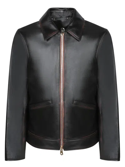 Paul Smith Distressed Brown Leather Jacket With Central Zipper And Side Pockets