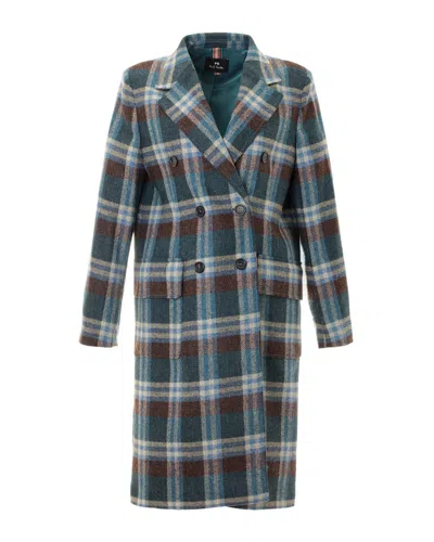 Paul Smith Double-breasted Green Check Pattern Long Coat In Gray