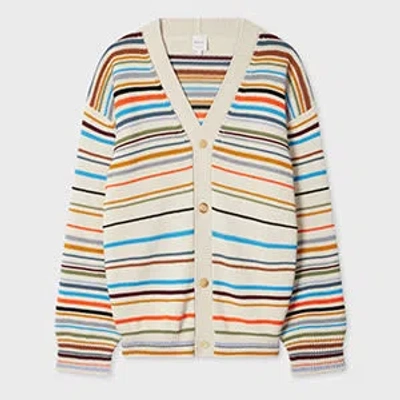 Paul Smith Ecru 'signature Stripe' Cotton-blend Cardigan White In Multi