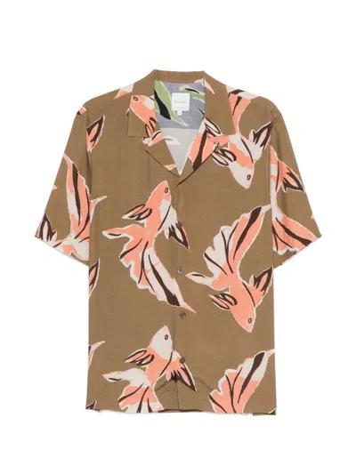 Paul Smith Fish Print Button-up Short Sleeve Shirt In Brown