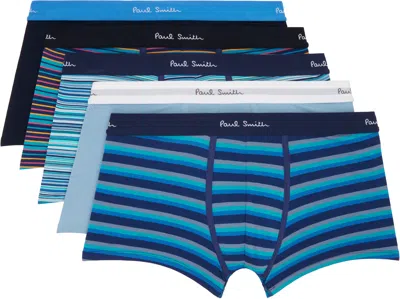 Paul Smith Five-pack Multicolor Stripe & Plain Mixed Boxer Briefs In Blue