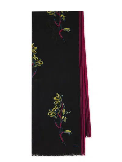 Paul Smith Floral-embroidered Wool Scarf In Black