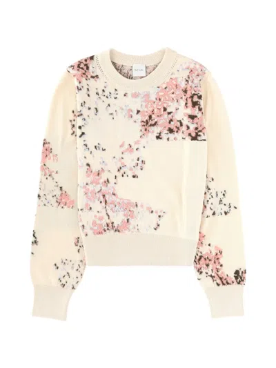 Paul Smith Cotton Mohair Crew Neck Floral Sweater In Neutral