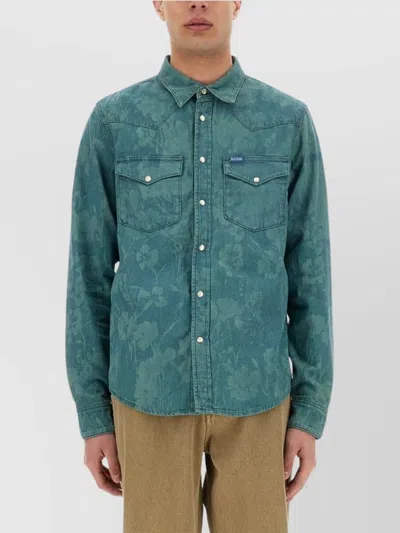 Paul Smith Floral Western Shirt With Long Sleeves And Pockets In Navy