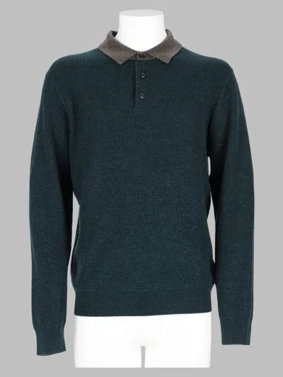 Paul Smith Green Merino Wool-blend Long-sleeve Knit Polo Shirt In Blue