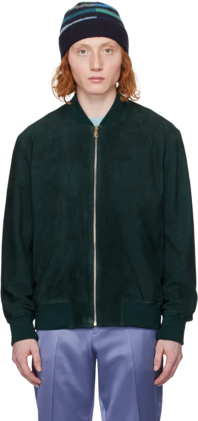 Paul Smith Green Stand Collar Leather Jacket In 39a
