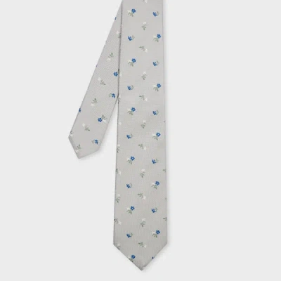 Paul Smith Grey Silk Floral Tie In White