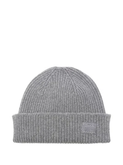 PAUL SMITH PAUL SMITH GREY RIBBED WOOL AND CASHMERE BEANIE WITH LOGO