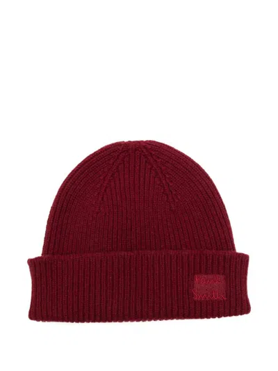 PAUL SMITH PAUL SMITH RED RIBBED WOOL AND CASHMERE BEANIE WITH LOGO