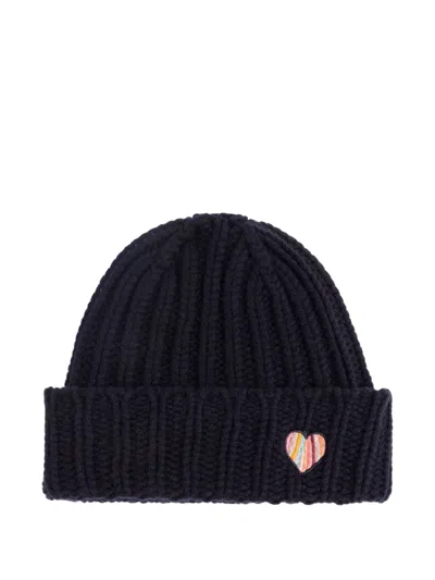 Paul Smith Heart-appliqué Ribbed Beanie Hat In Black