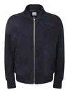 Paul Smith Suede Bomber Jacket With Ribbed Cuffs And Central Zip In Blue