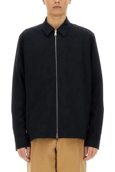 Paul Smith Black Shirt Jacket With Zip Front Closure In Blue